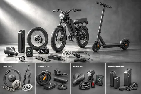Donkere studiofoto met een fatbike, elektrische step en losse onderdelen zoals accu, wiel, display en remschijf