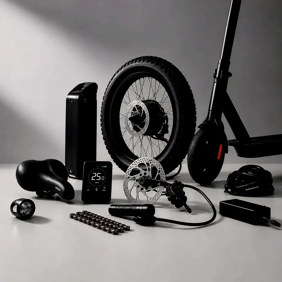 Lichte studiofoto met fatbike-wiel, accu, display en elektrische step
